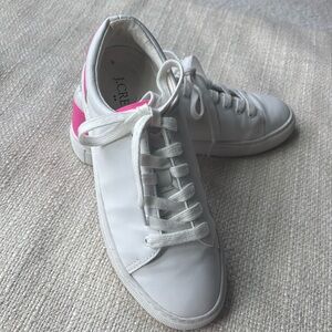 J Crew Hot Pink White Road Trip Sneakers Lace Up Shoes Vegan Leather 6.5